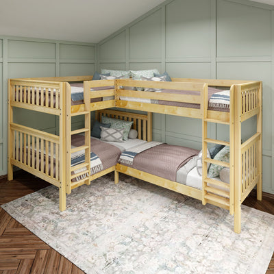 QUART XL NS : Multiple Bunk Beds High Corner Bunk Bed - Queen over Queen + Twin XL over Twin XL, Slat, Natural