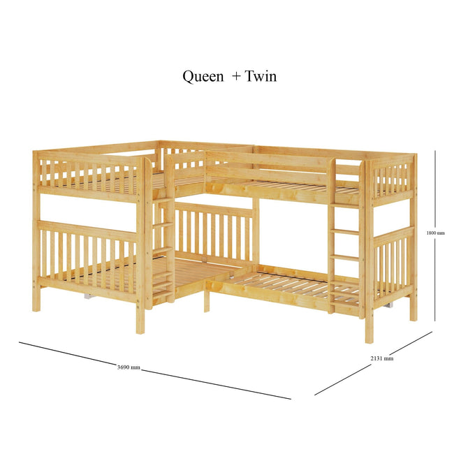 QUART XL NS : Multiple Bunk Beds High Corner Bunk Bed - Queen over Queen + Twin XL over Twin XL, Slat, Natural