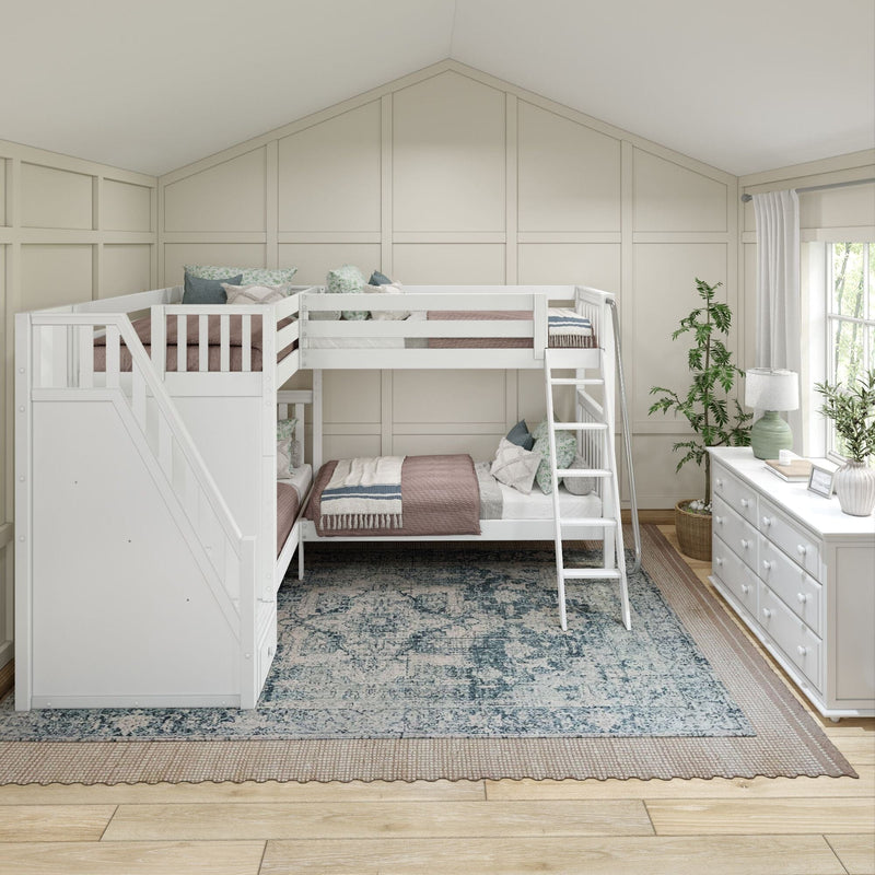 Children's neutral bedroom with white wooden bunk beds, ladder, pink quilts, patterned rug, dresser, lamp and board-and-batten accent wall