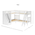 White L-shaped twin loft bunk bed with staircase storage and ladder, solid wood slatted frames for kids' bedroom, overall dimensions 122.5 in x 100.75 in x 71 in