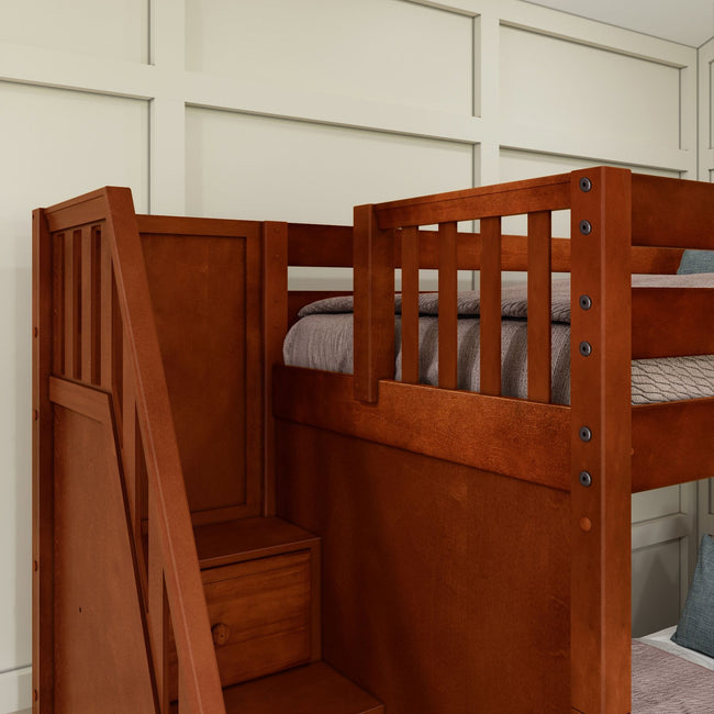 QUARTILE XL CS : Multiple Bunk Beds Twin XL High Corner Bunk with Angled Ladder and Stairs on Left, Slat, Chestnut