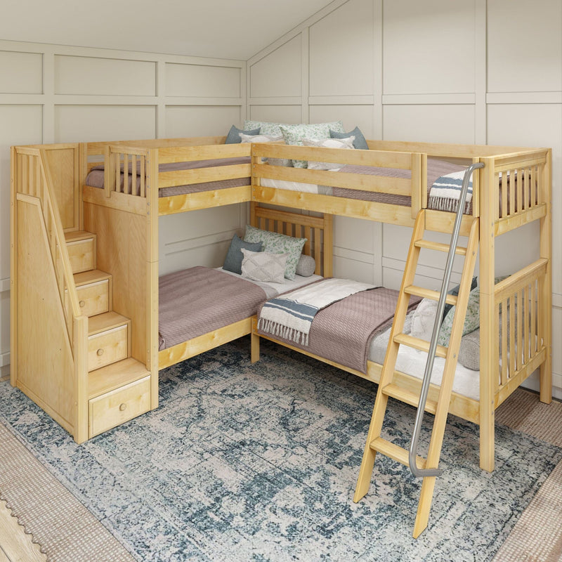 Wooden L-shaped bunk bed with built-in staircase and ladder in a neutral kids' bedroom, layered bedding, floral throw pillows and patterned area rug