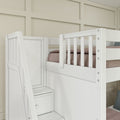 White wooden bunk bed with built-in staircase, safety guardrails and under-bed storage drawer against a beige paneled wall in a kids' bedroom with mauve bedding