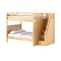 Light maple twin-over-full loft bunk bed with built-in storage staircase, guardrails and white bedding — space-saving kids bedroom furniture