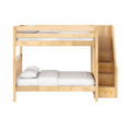Maple wooden loft bunk bed with built-in staircase and storage drawers, white bedding, modern space-saving kids bedroom