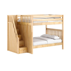 Natural maple wooden loft bunk bed with staircase and built-in storage drawers, twin-over-full space-saving kids bedroom furniture with slatted guardrail and white bedding