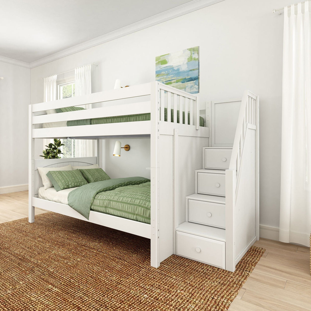 White wooden bunk bed with staircase and built-in storage drawers, green bedding and natural jute rug in a bright modern bedroom