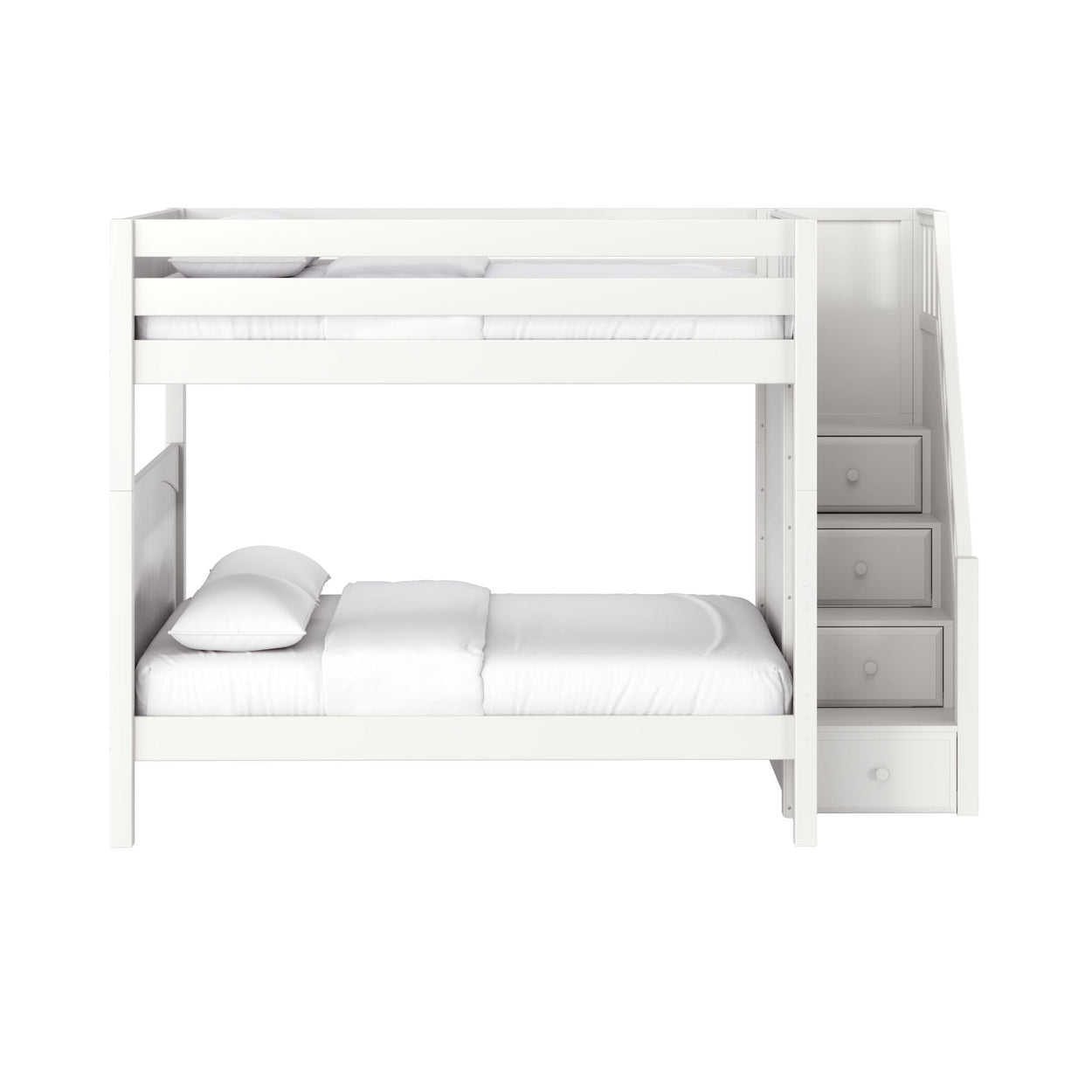 White wooden twin-over-full bunk bed with built-in staircase drawers, safety guardrails and mattresses — modern space-saving kids' bedroom furniture