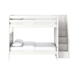 White wooden twin-over-full bunk bed with built-in staircase drawers, safety guardrails and mattresses — modern space-saving kids' bedroom furniture