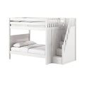 White wooden twin-over-full bunk bed with built-in staircase and storage drawers, modern kids bedroom furniture