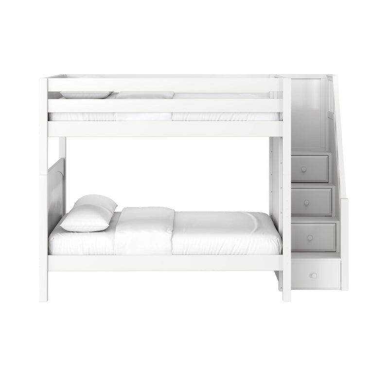 White wooden twin-over-full bunk bed with built-in staircase storage drawers, guardrails and white bedding for modern kids' bedroom