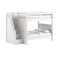 White wooden loft bunk bed with staircase and built-in storage drawers, modern kids bedroom furniture with white bedding