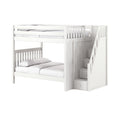 White wooden bunk bed with built-in staircase and storage drawers, twin-over-full loft bed with guardrails and white bedding for kids