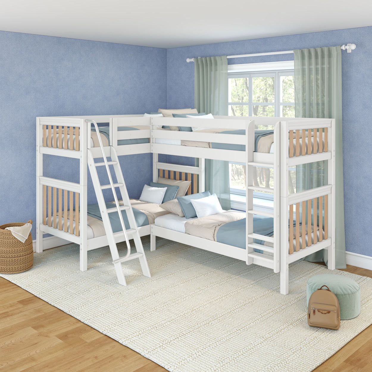 White L-shaped bunk beds with ladder in kids' bedroom featuring blue textured walls, sheer green curtains and neutral blue-beige bedding