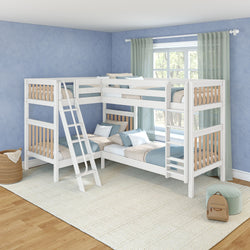 White L-shaped bunk beds with ladder in kids' bedroom featuring blue textured walls, sheer green curtains and neutral blue-beige bedding