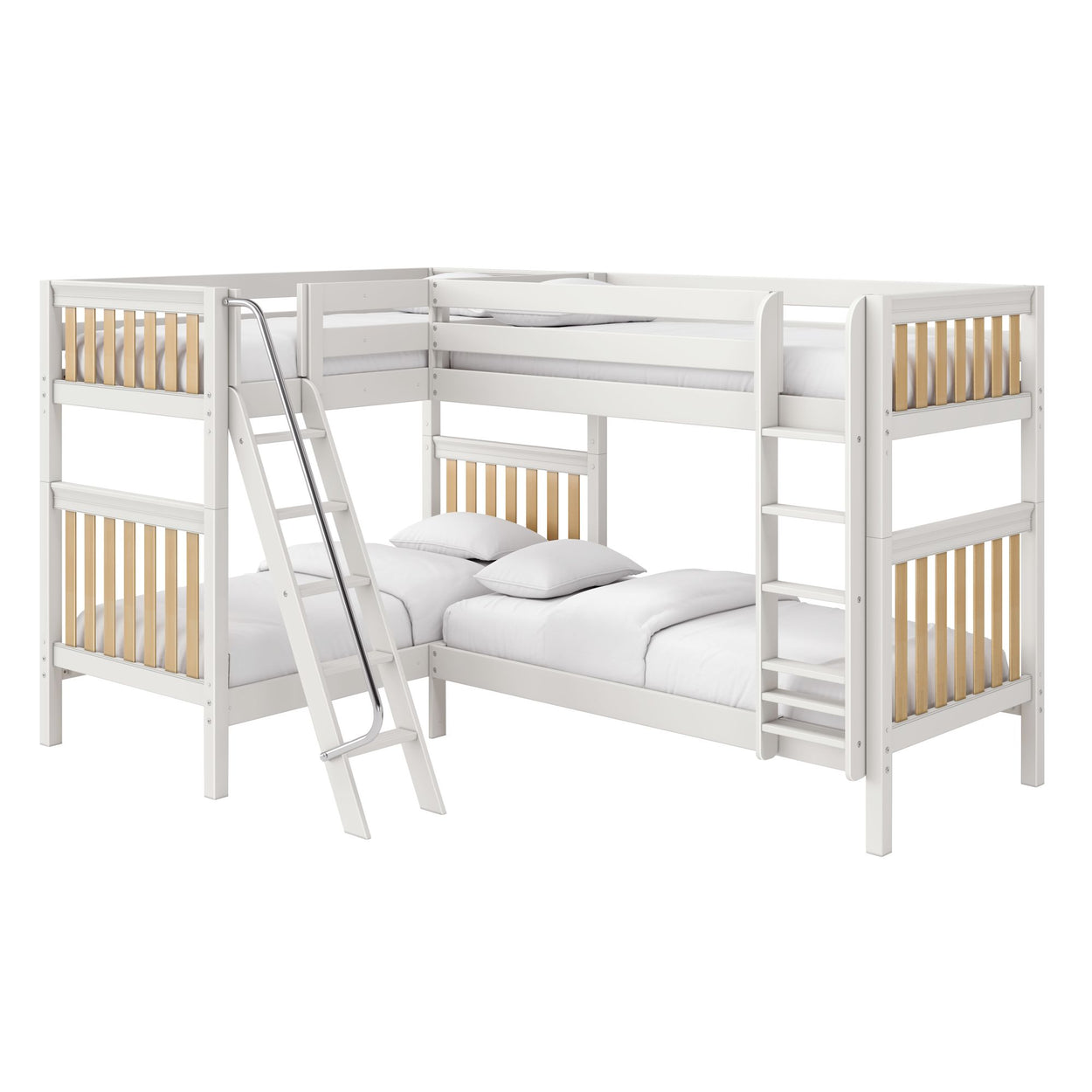 White L-shaped loft bunk bed with metal ladder, natural wood slat accents and twin mattresses, space-saving kids' bedroom furniture