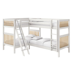 White L-shaped loft bunk bed with metal ladder, natural wood slat accents and twin mattresses, space-saving kids' bedroom furniture