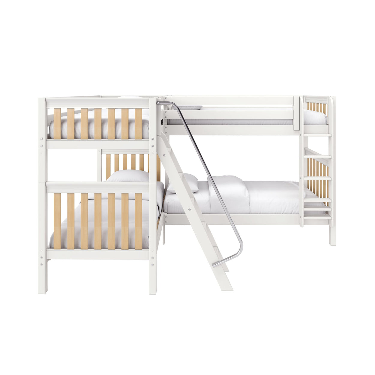 White wooden two-tier children's bunk bed with ladder and safety rails, light wood slat accents and white bedding, modern space-saving design
