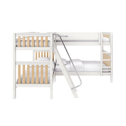 White wooden two-tier children's bunk bed with ladder and safety rails, light wood slat accents and white bedding, modern space-saving design