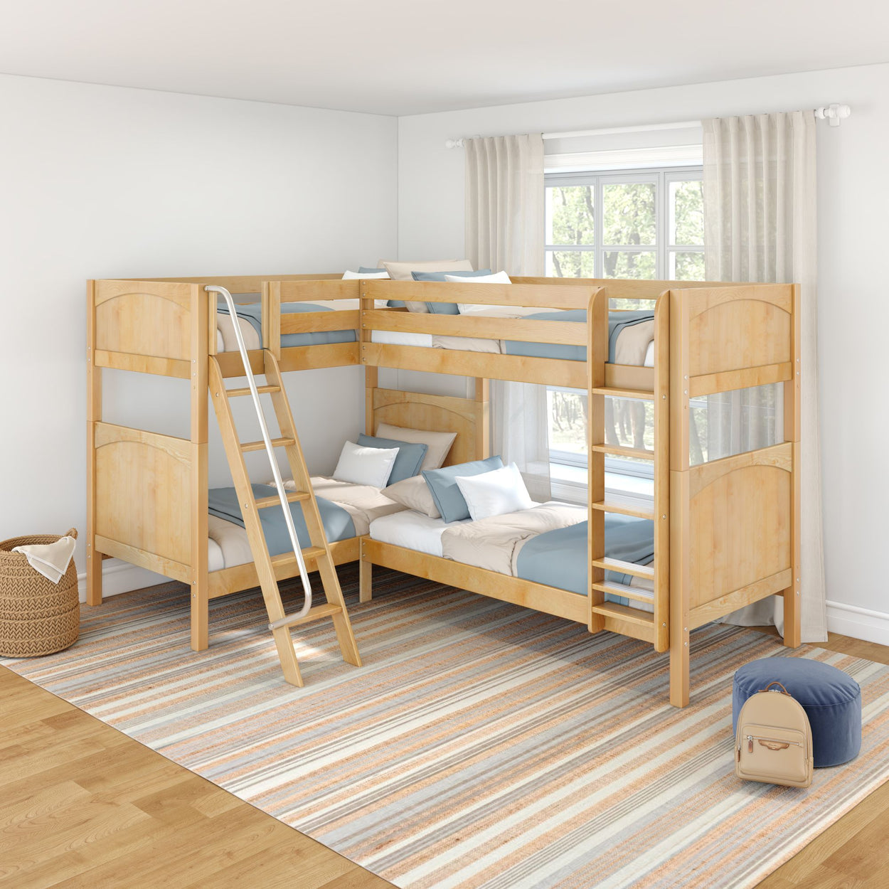 Wooden twin-over-twin bunk beds with ladder in a bright kids' room, natural wood finish, blue and white bedding, striped area rug, large window with sheer curtains, and neutral space-saving children's bedroom design