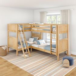 Wooden twin-over-twin bunk beds with ladder in a bright kids' room, natural wood finish, blue and white bedding, striped area rug, large window with sheer curtains, and neutral space-saving children's bedroom design