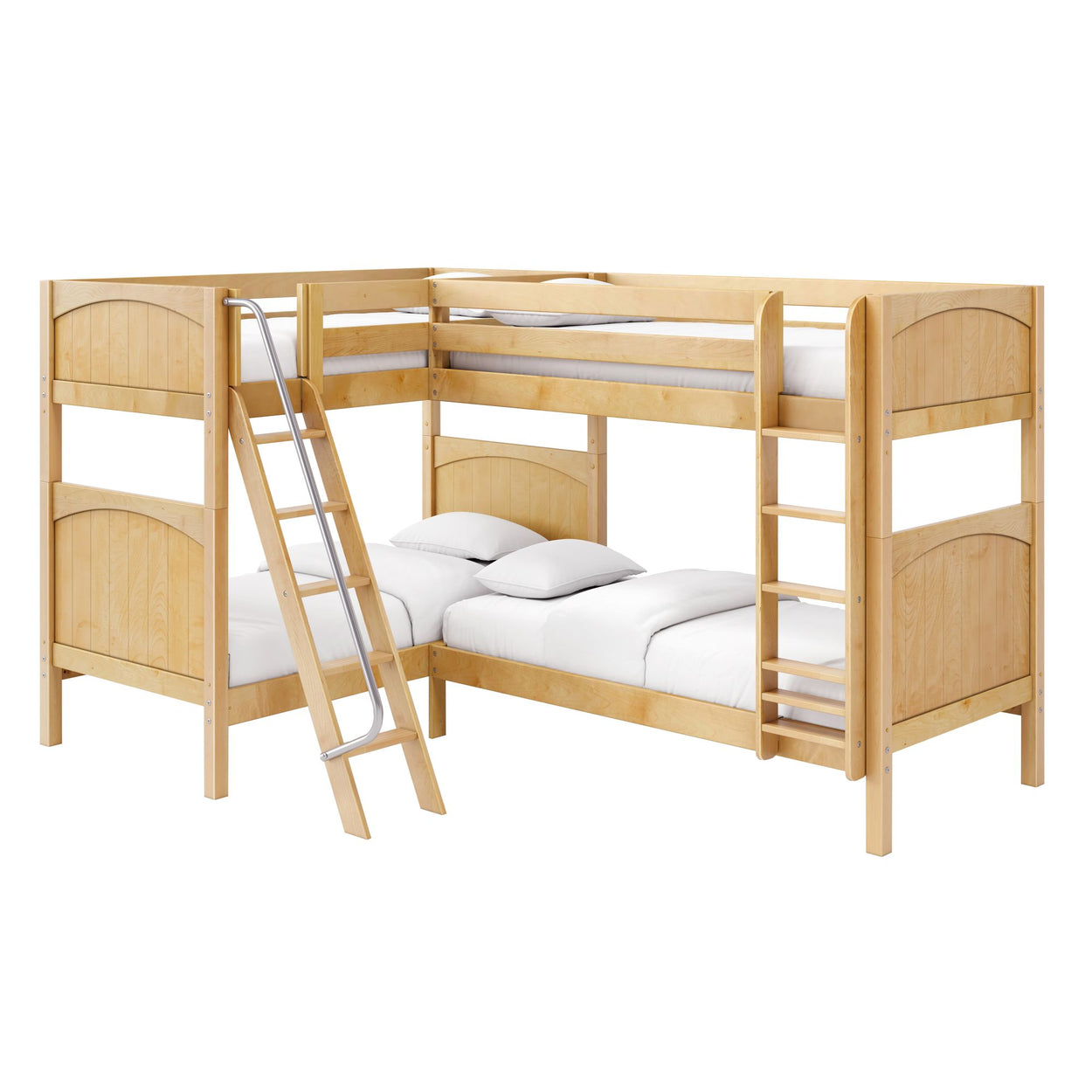 L-shaped light wood bunk bed with ladder and safety rails, loft-style children's bed with white bedding and natural wood finish — space-saving wooden bedroom furniture