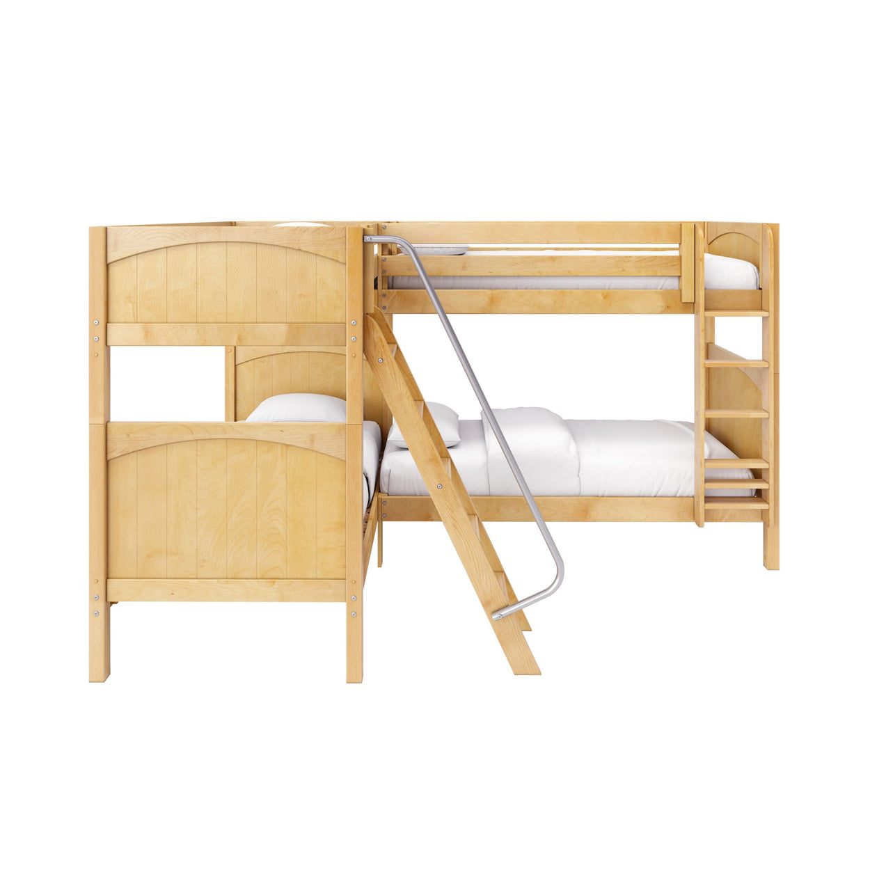 Light maple solid wood twin-over-twin kids' bunk bed with angled ladder, safety rails and built-in open shelving, white bedding