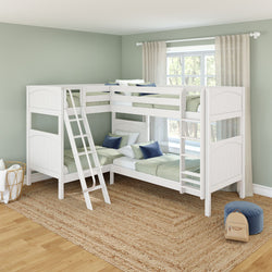 White L-shaped bunk beds for kids with ladder in a modern bedroom with sage green walls, sheer curtains, jute rug and navy and green pillows