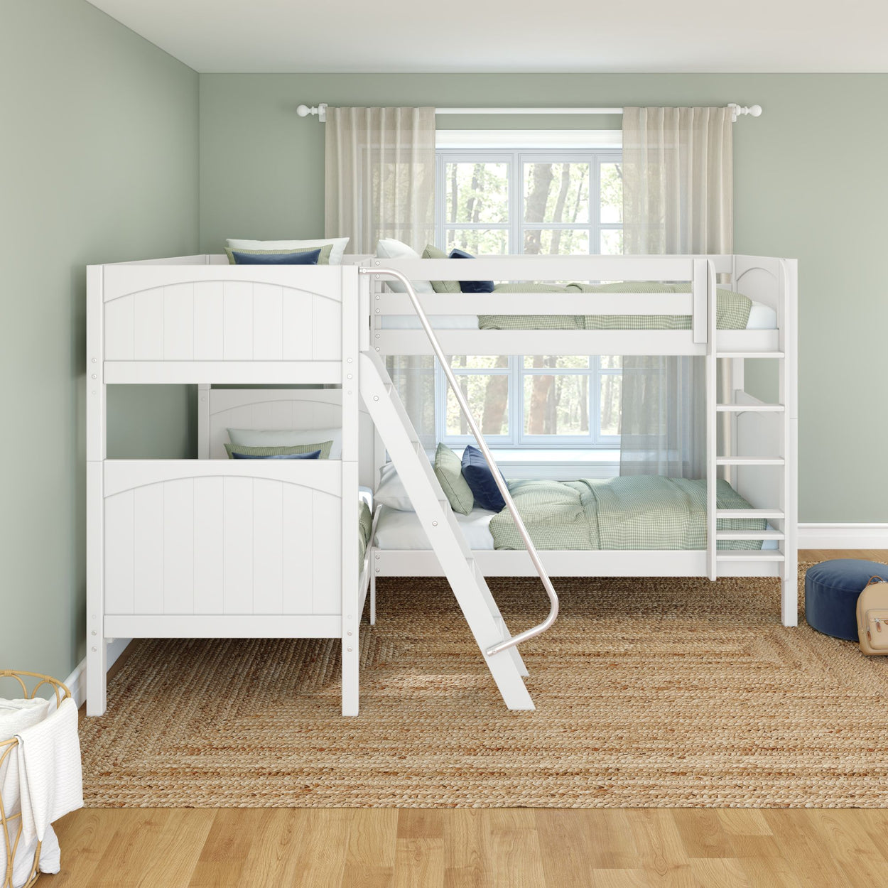 White wooden bunk bed with ladder in bright kids bedroom, sage green walls, sheer curtains, natural light and green bedding