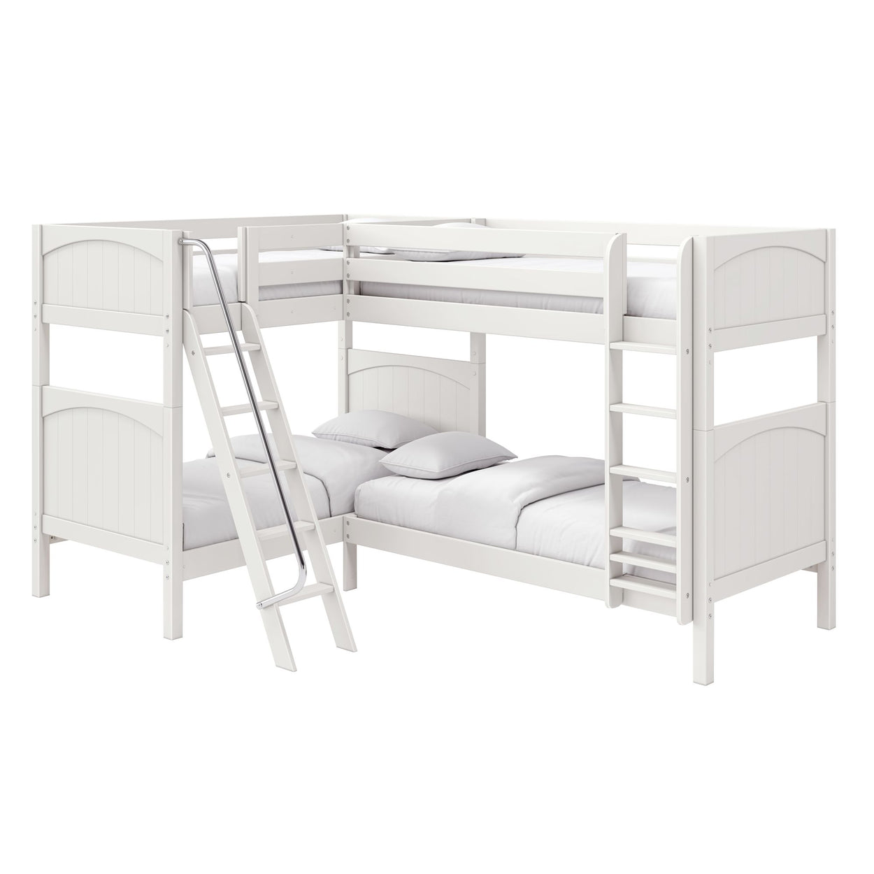 White wooden twin-over-full bunk bed with ladder and safety guardrails, farmhouse-style sturdy kids' bedroom loft
