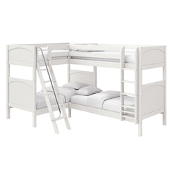 White wooden twin-over-full bunk bed with ladder and safety guardrails, farmhouse-style sturdy kids' bedroom loft
