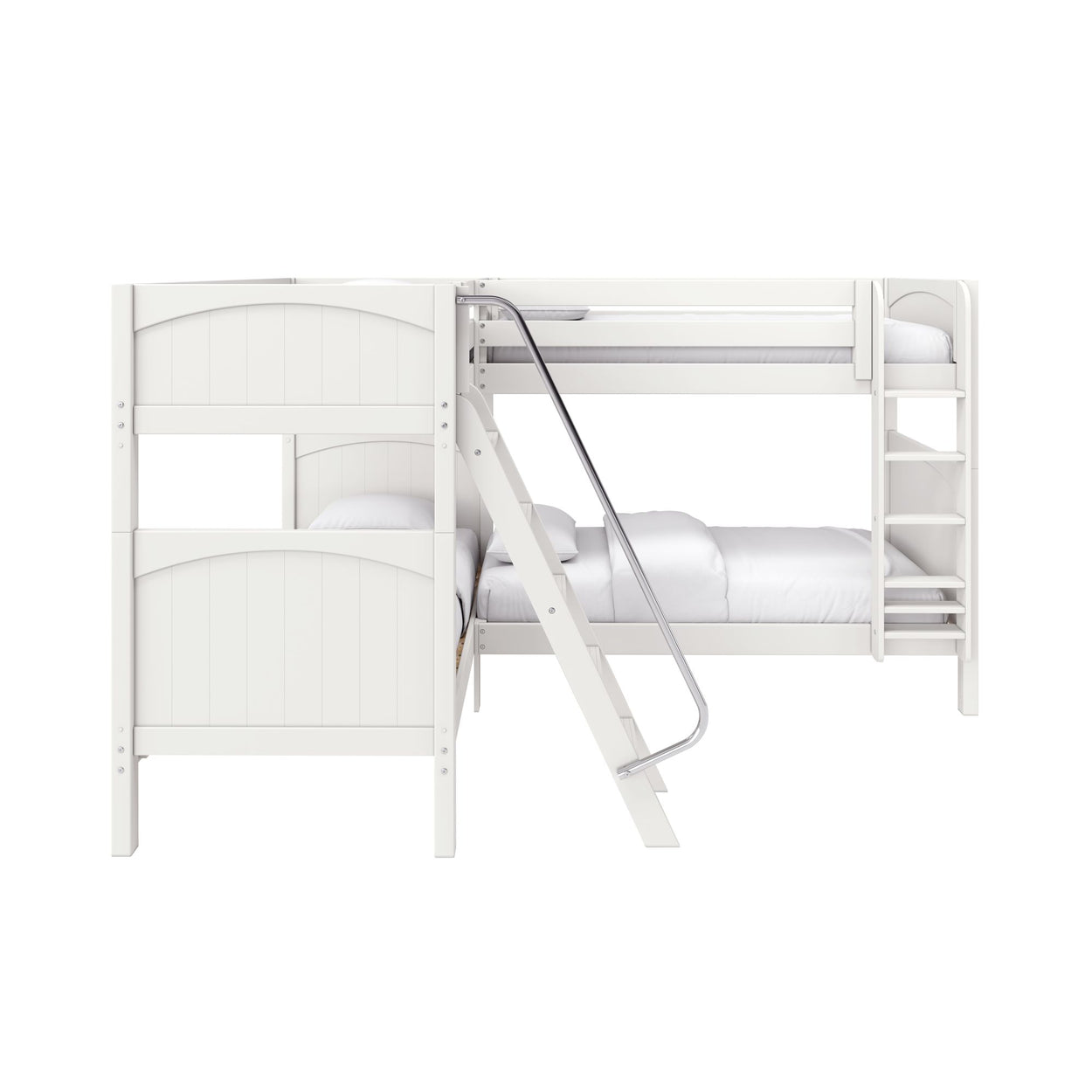 White wooden bunk bed with angled ladder, safety rails and built-in shelves — modern kids loft bed with white bedding for small bedrooms