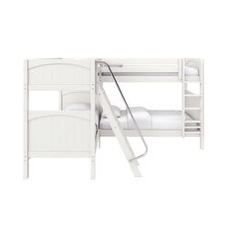 White wooden bunk bed with angled ladder, safety rails and built-in shelves — modern kids loft bed with white bedding for small bedrooms