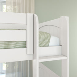 White wooden bunk bed with ladder and green gingham bedding in a children's bedroom with light green walls and sheer curtains