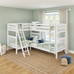 White L-shaped wooden kids bunk beds in a modern nursery with sage green walls, ladder, woven jute rug, navy and green pillows, and sheer curtains