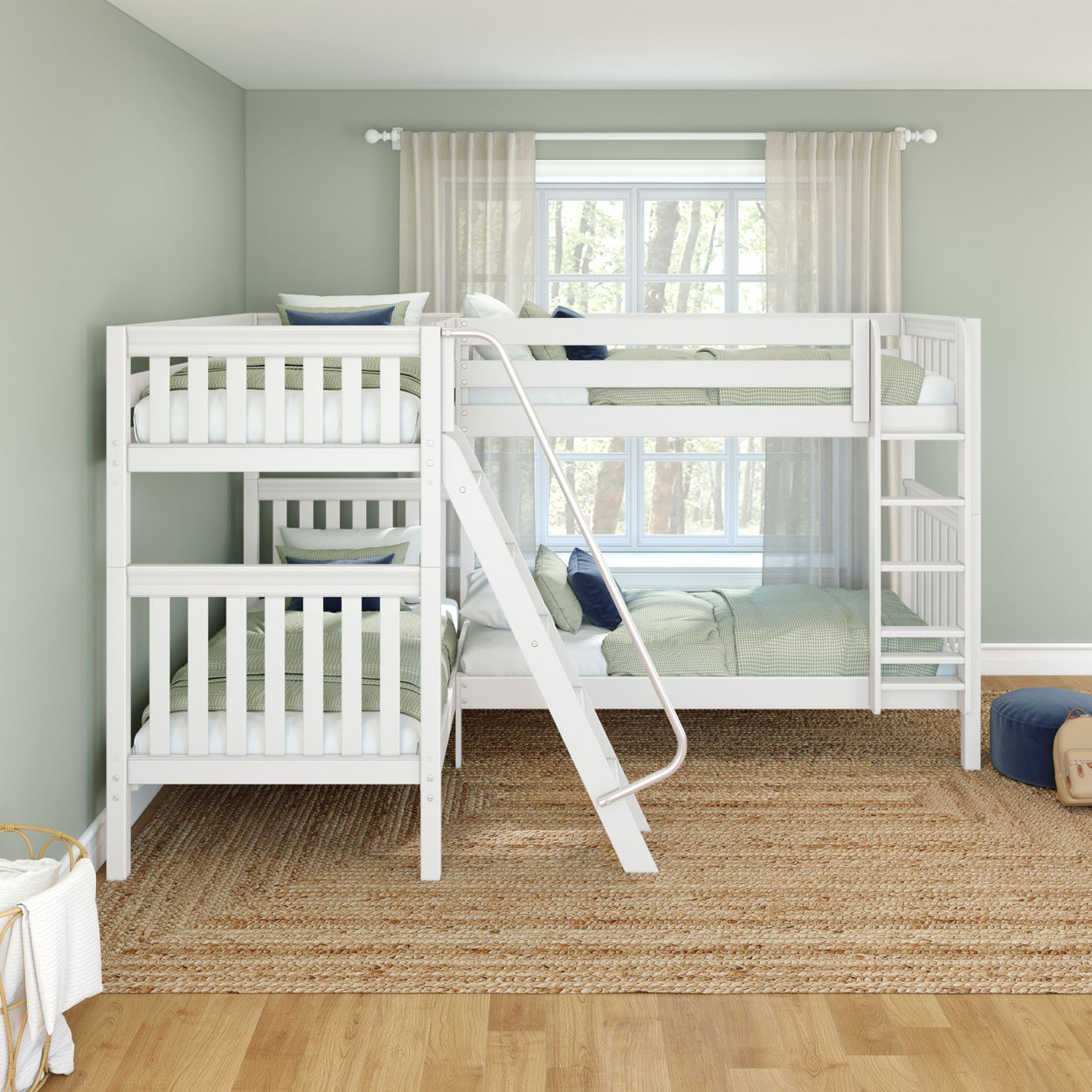 White wooden bunk beds with green gingham bedding in a sunlit kids' bedroom featuring sheer curtains, sage walls, ladder and jute rug