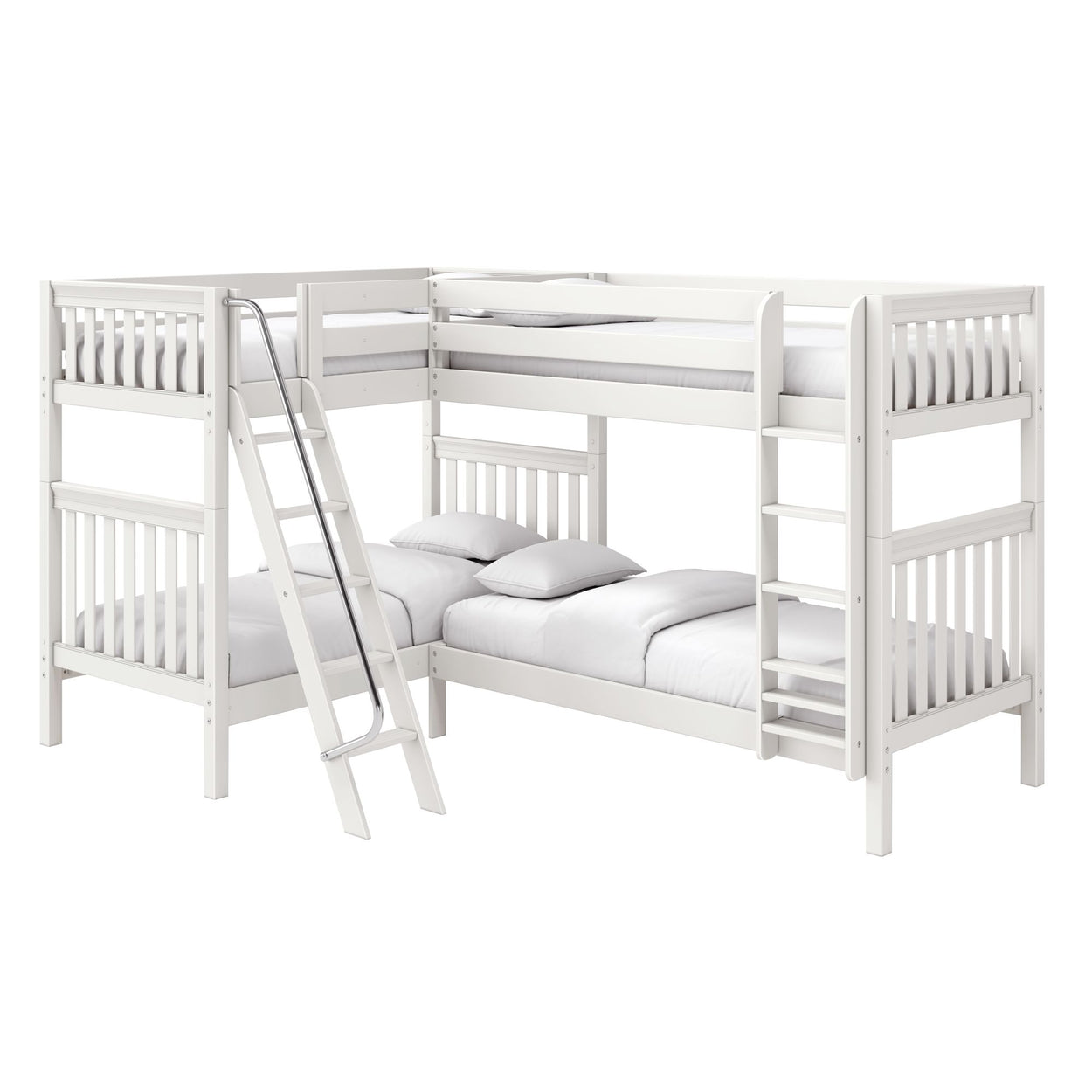 White wooden L-shaped loft bunk bed with ladder and guardrails, twin-over-twin mattresses and pillows for kids' room