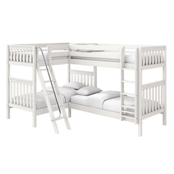 White wooden L-shaped loft bunk bed with ladder and guardrails, twin-over-twin mattresses and pillows for kids' room