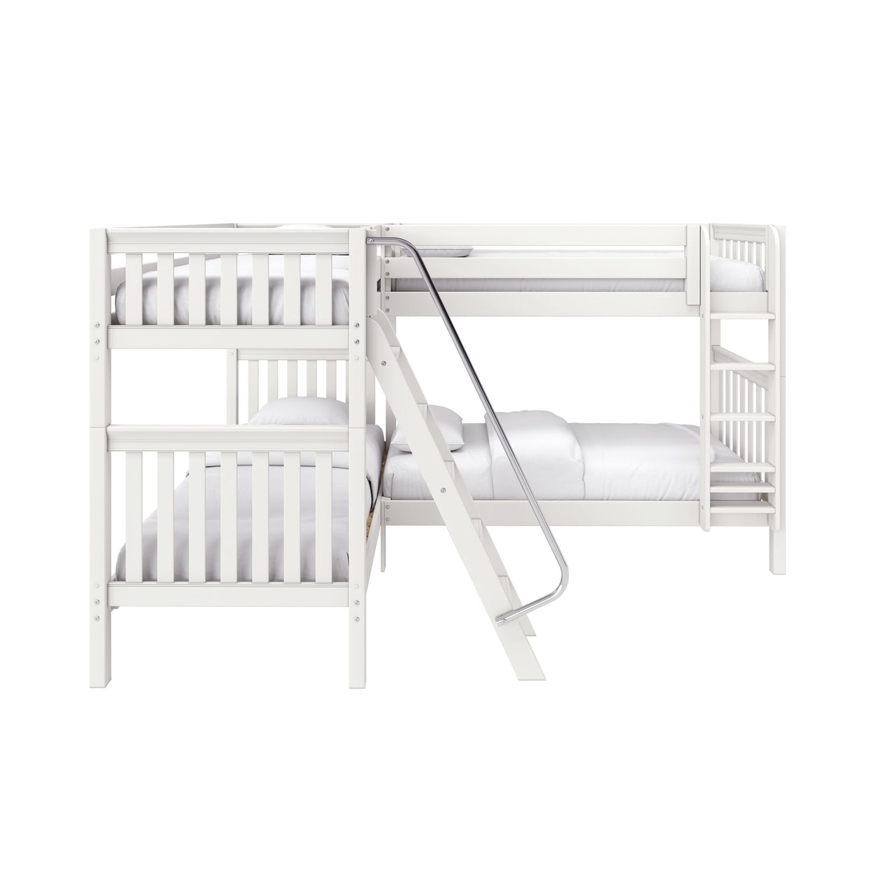 White wooden bunk bed with ladder and safety rails and white bedding, modern kids bedroom furniture on a clean white background