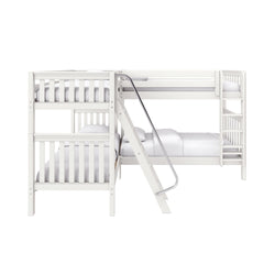 White wooden bunk bed with ladder and safety rails and white bedding, modern kids bedroom furniture on a clean white background