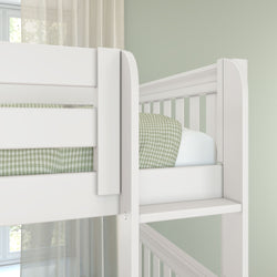 Close-up of a white wooden bunk bed with green gingham bedding, safety rails and ladder in a soft-green modern nursery with sheer curtains