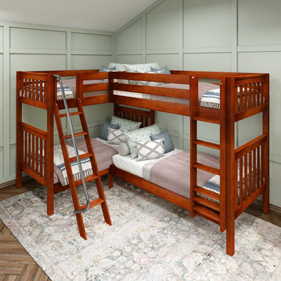 QUATTRO CS : Multiple Bunk Beds Twin High Corner Bunk Bed with Angled and Straight Ladder, Slat, Chestnut