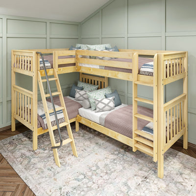 QUATTRO NS : Multiple Bunk Beds Twin High Corner Bunk Bed with Angled and Straight Ladder, Slat, Natural