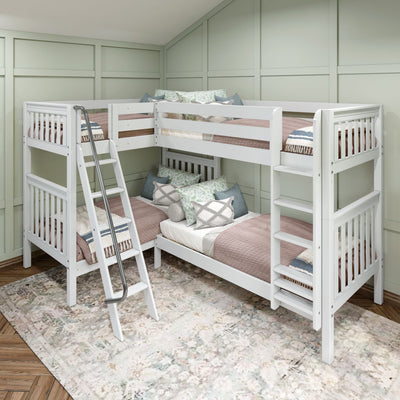 QUATTRO WS : Multiple Bunk Beds Twin High Corner Bunk Bed with Angled and Straight Ladder, Slat, White