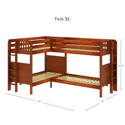 L-shaped wooden twin XL bunk bed frame with ladder and guardrails, dimensions 128 inches by 88 inches by 70.75 inches.