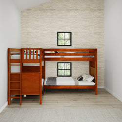 Stylish wooden bunk bed in a modern bedroom with natural light through windows.