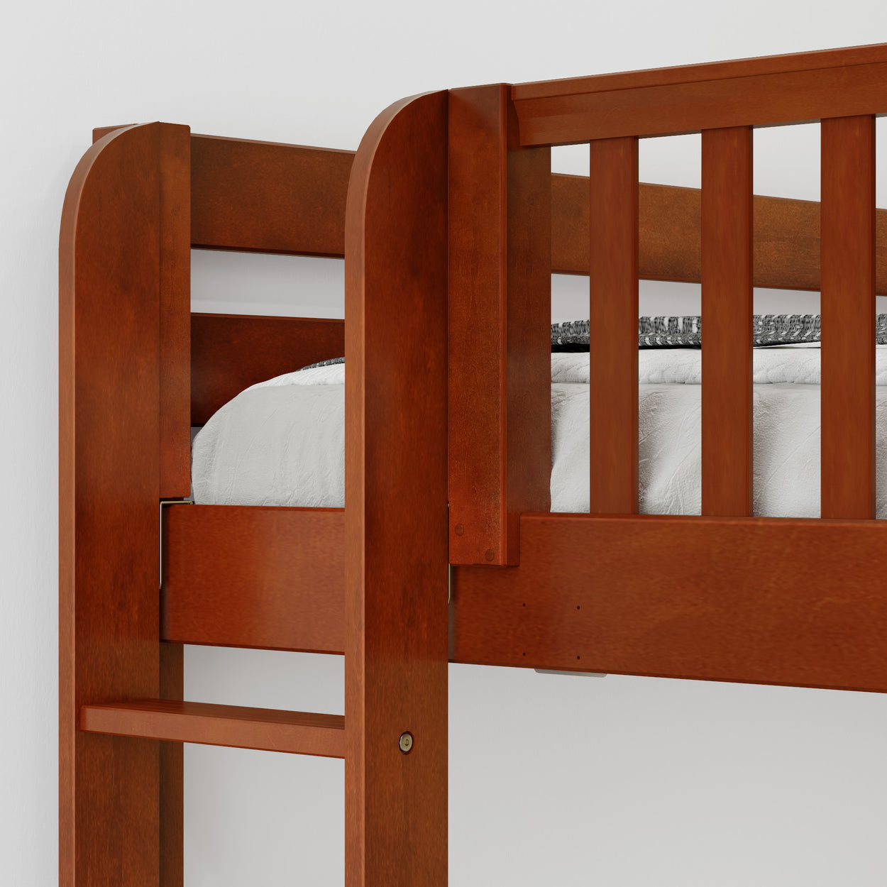 Wooden bunk bed with a sleek design and built-in ladder.
