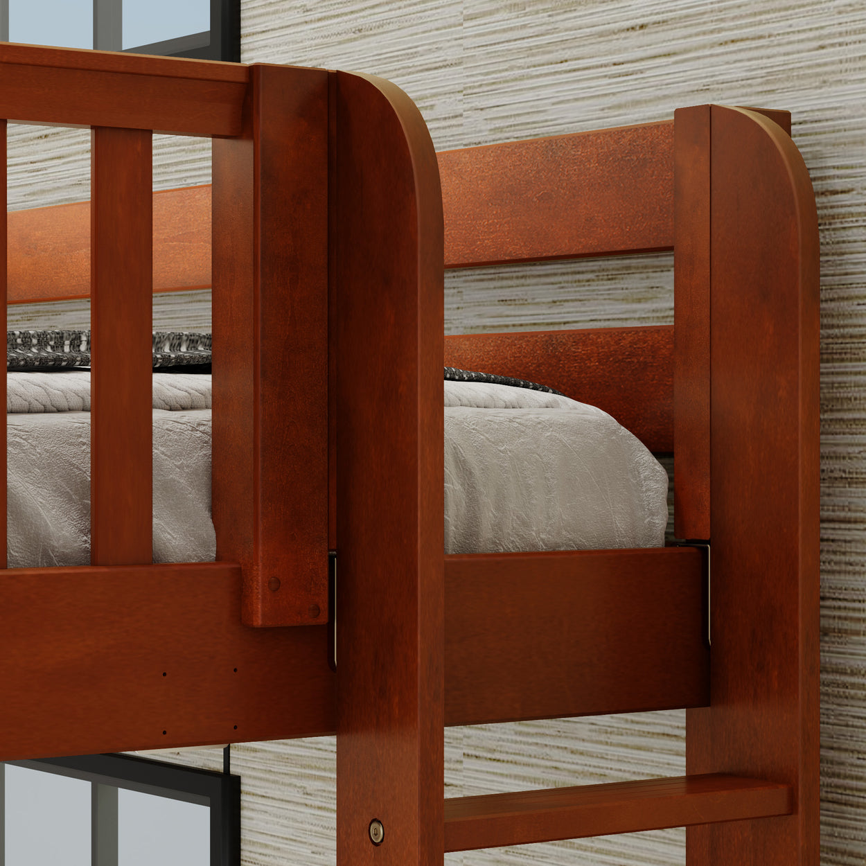 Wooden bunk bed frame with a simple design and white bedding, ideal for small bedrooms and maximizing space.