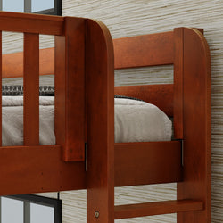 Wooden bunk bed frame with a simple design and white bedding, ideal for small bedrooms and maximizing space.