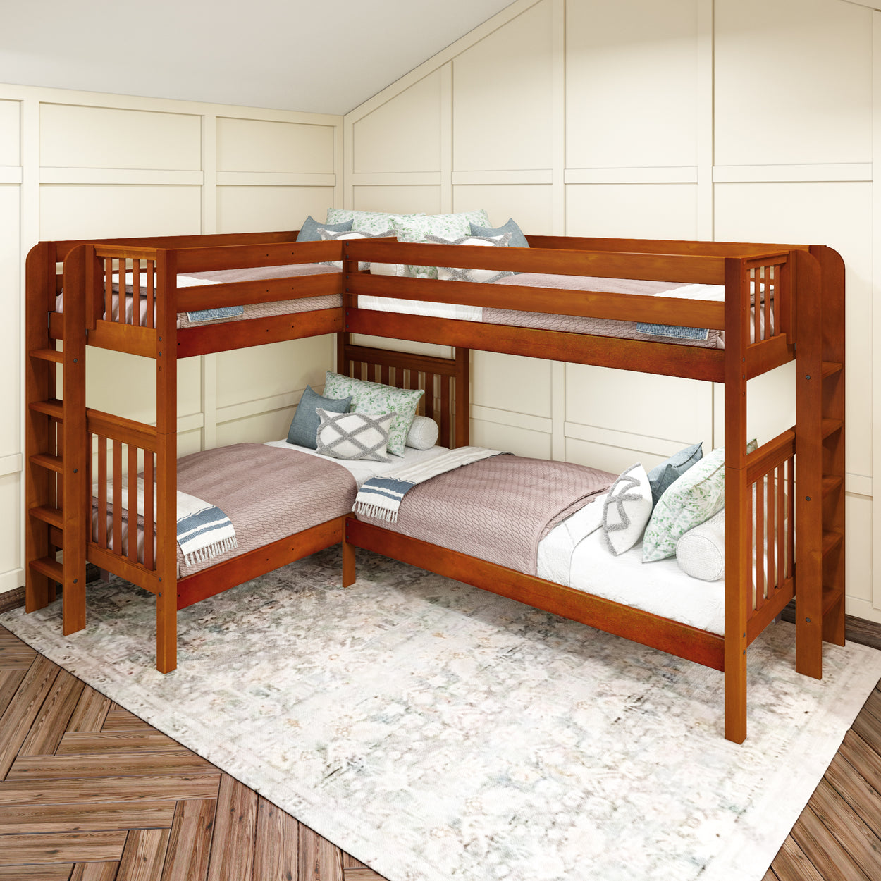 Corner wooden bunk beds with cozy bedding in a modern bedroom.